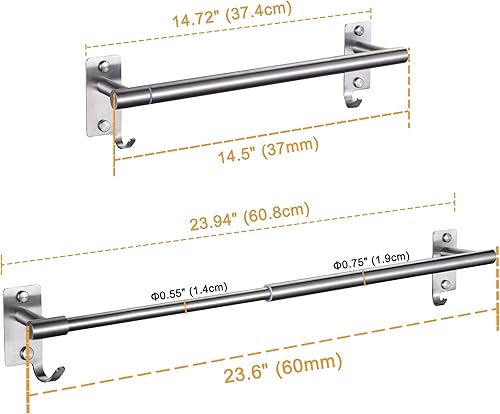 Miniatura 7 de Toallero ajustable, toallero de acero inoxidable de 14.5 a 23.6 pulgadas, estante de pared de baño y cocina, soporte de mano expandible con ganchos