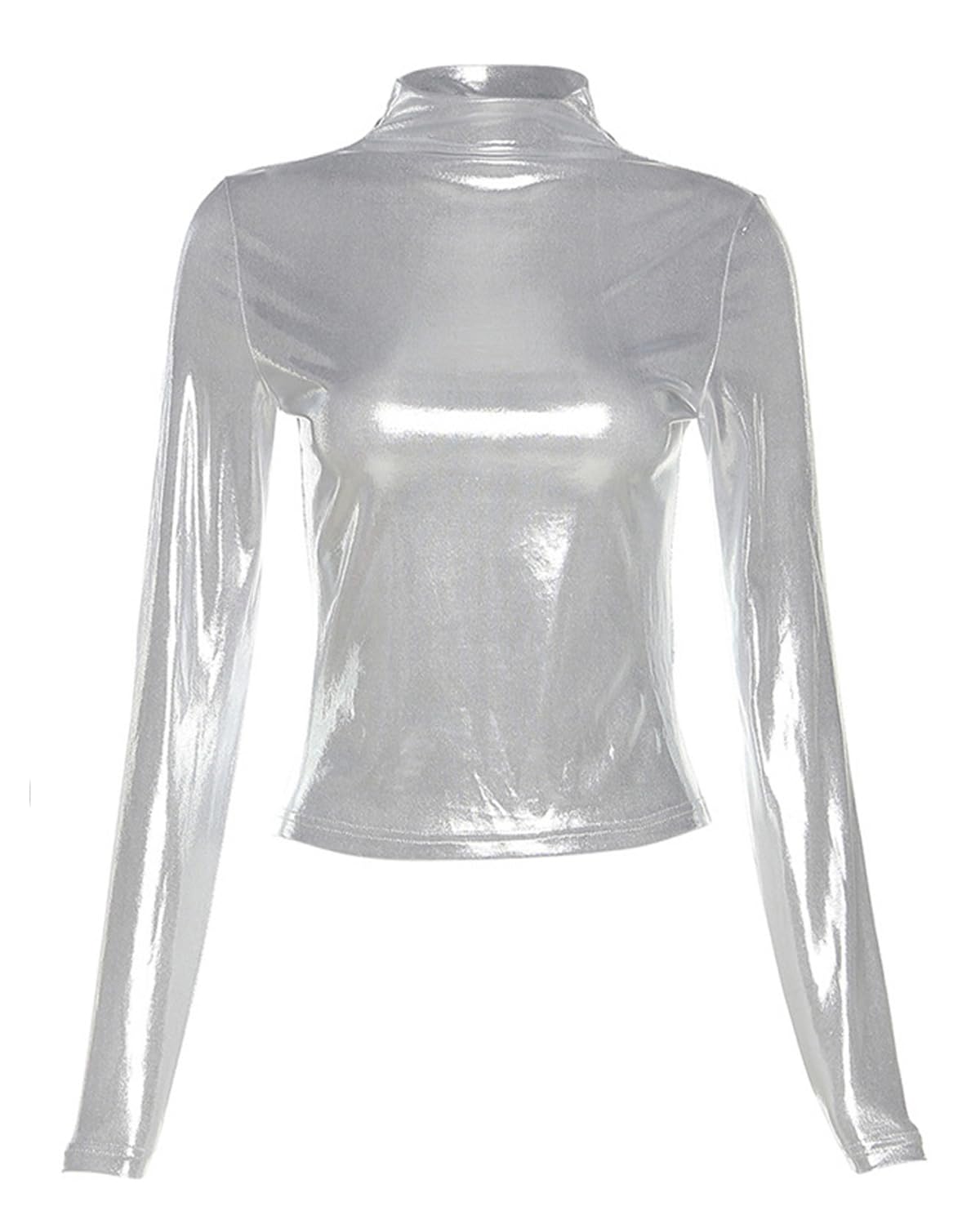 Women's Long Sleeve Shiny Tops, Metallic Liquid Mock Neck Turtleneck Tops, Slim Fit Casual Pullovers Tunic for Clubwear, Solid Leather Look Tee Top Blouse, Sexy Party Tank Tops Dance Club T-Shirt