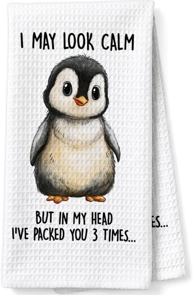 Penguin Gifts Decorative Towels for Women Hostess, Penguin Lover Gifts Waffle Weave Kitchen Towels, I May Look Calm