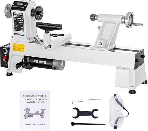 Torno de madera de 12" x 18", máquina de torno de madera de sobremesa 34 HP Velocidad infinitamente variable 650-3800 RPM con gafas para