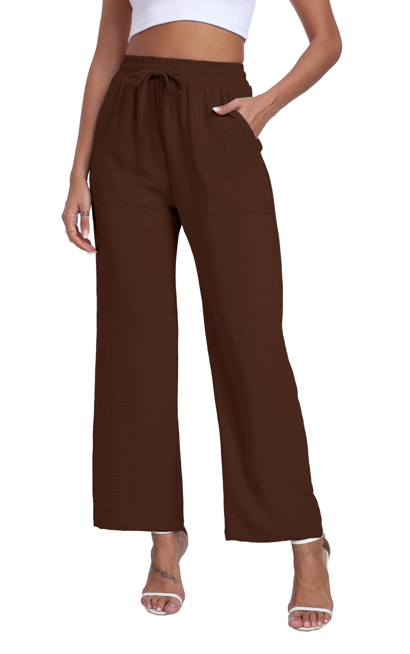 LIGHTBACK Womens Wide Leg Palazzo Pants with Pockets Loose Casual Lounge Pants Comfy Drawstring Work Trousers