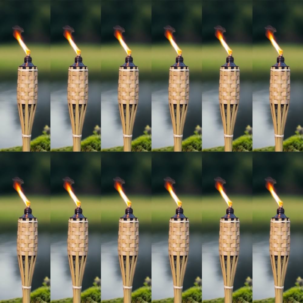 150cm Bamboo Tiki Torches Pack of 12. Extra Tall 150cm Bamboo Torches with Large 500ml lamp Oil Canister. Outdoor Lighting, Ideal for Outdoor Parties and Events, and Keep pests & Bugs at Bay!