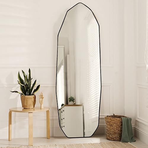 Espejo de longitud completa de 22 x 65 pulgadas, espejo irregular de longitud al suelo con soporte, espejo de pared en forma de diamante para sala