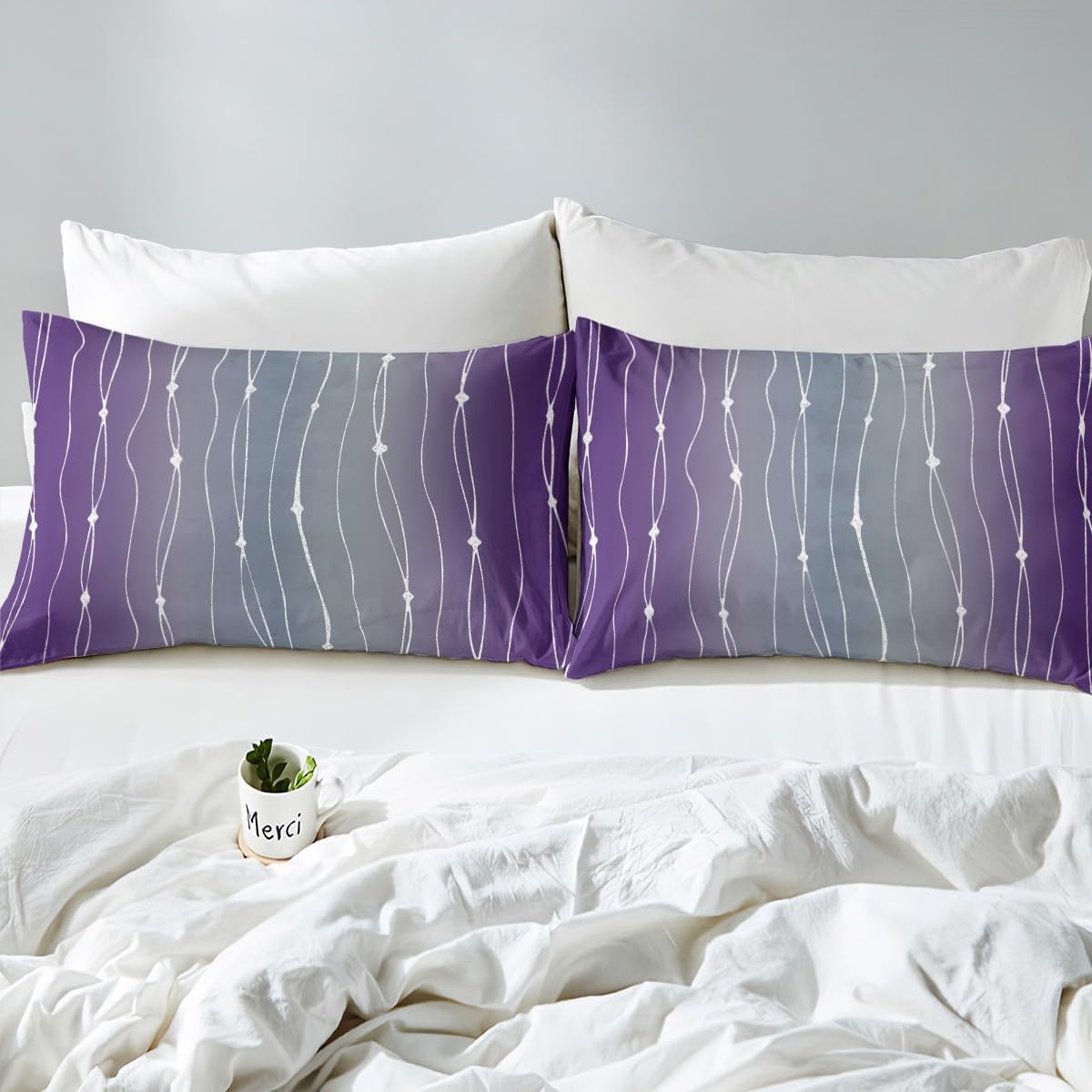 Erosebridal Grey and Purple Ombre Bed Sheets Geometric Abstract Fitted Sheet Full Size, Modern Wave Dots Sheets Gradient Watercolor Bedding, Aesthetic Lines Striped Bed Cover (Deep Pocket)