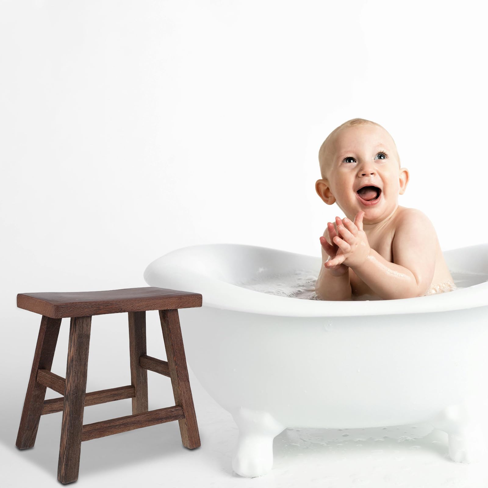Taburete Infantil de Madera Maciza, Banco Pequeño Curvado de 28 Cm