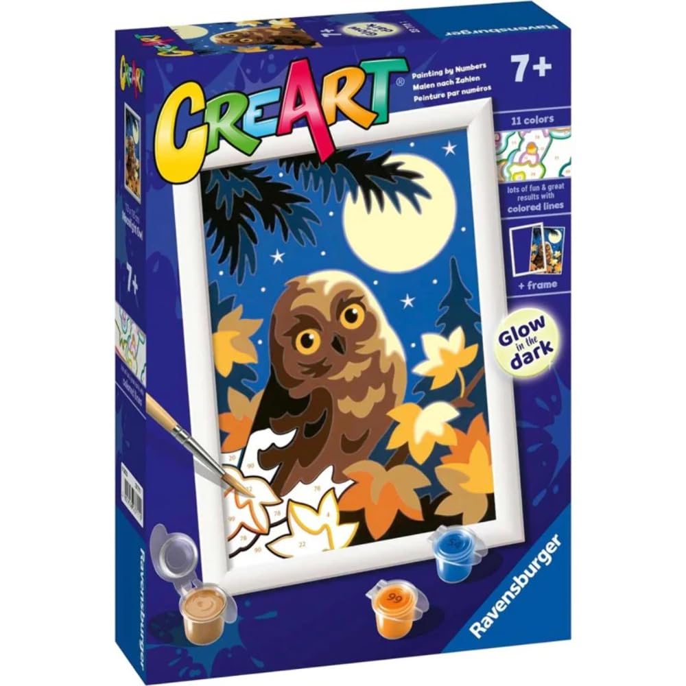 Ravensburger - CreArt E Series: Moonlight Owl, Paint by Number Kit, Contains a Pre-Printed Board, Brush, Colors and Accessories, Creative Set for Boys and Girls 7+ Years
