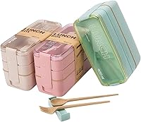 Rarapop 3-Pack Stackable Bento Boxes: Japanese 3-Compartment Wheat Straw Lunch Boxes with Spoons & Forks (Green/Pink/Beige)
