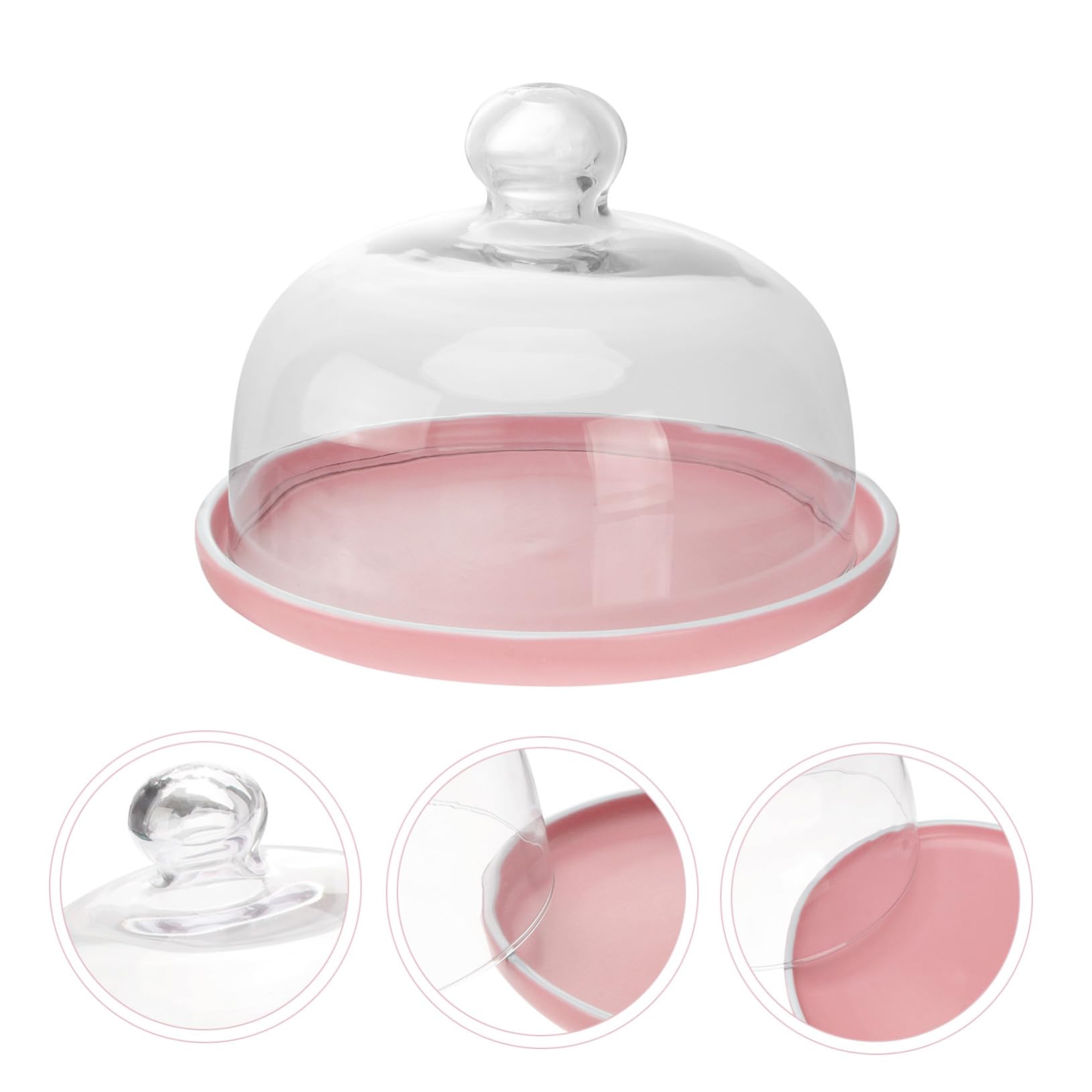 Keramik Desserttablett mit Glasdeckel, 1 Satz Rosa für Kuchen und Brot