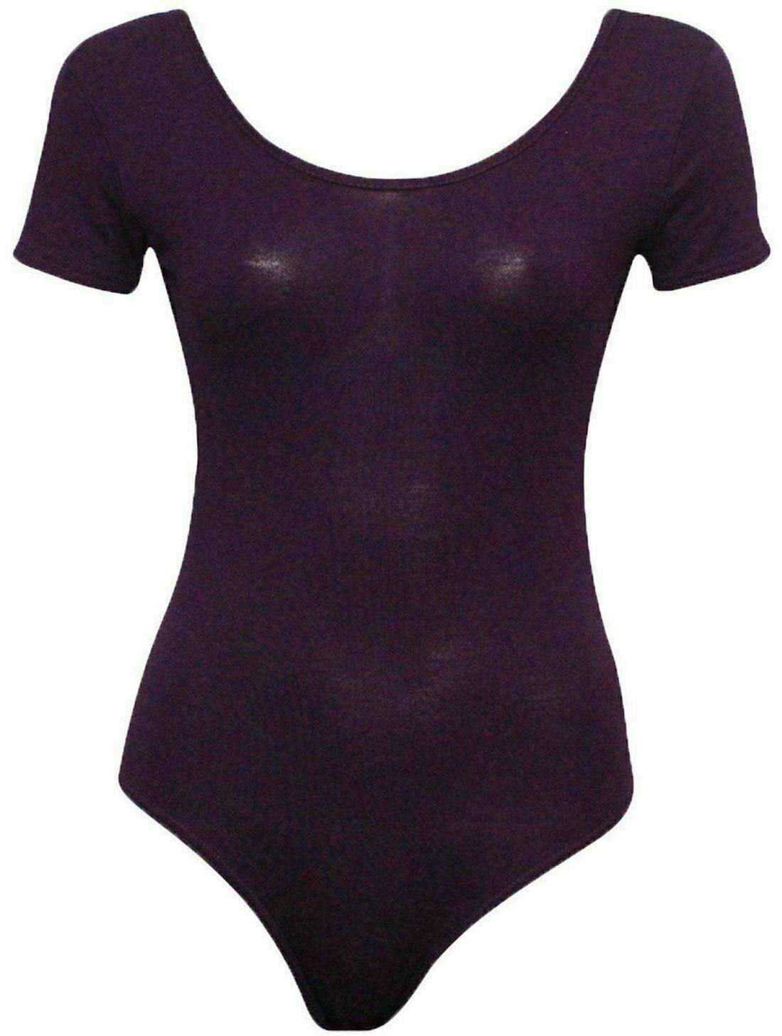 Fairy Trendz Ltd Women's Purple Stretch Bodysuit Top Cap Sleeve Plain Round Neck Stretch Fitted Leotard( Uk 8-10)