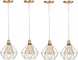 Pendentes Aramado Diamante Dourado Com Cabo 1 Metro Regulável Kit Com 4