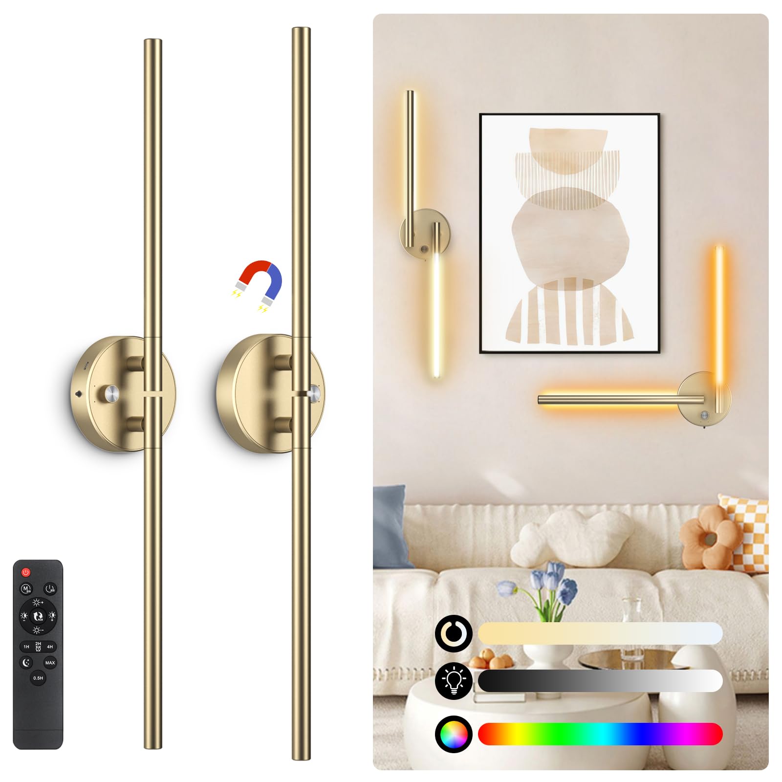 Battery Operated Wall Sconce Set of Two:Wireless Magnetic Wall Lights with Remote, 360°DIY Rotatable 5CCT Dimmable with Timer,,RGB Cordless Wall Gold