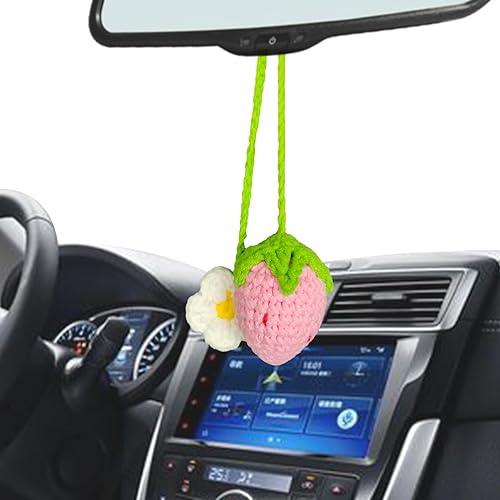 Miniatura 5 de Adorno colgante de espejo de coche de fresa, crochet, accesorios para el automóvil, decoración interior estética, cosas rosadas, decoración interior