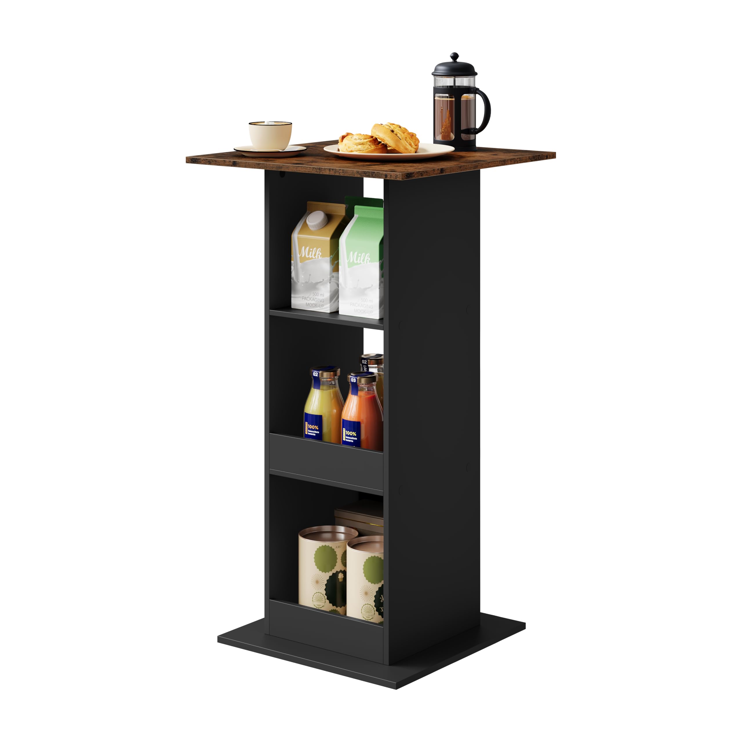 stolik barowy bistro, stół kuchenny, kwadratowy stół z 3 półkami, do baru, kuchni, salonu, z materiału drewnopochodnego, wysokość 112 cm, czarny + rustykalny