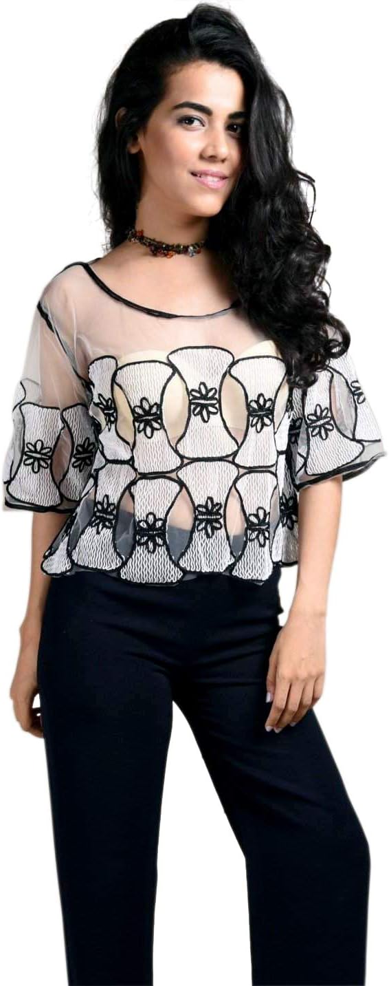 Hipcastle Women's Net Lace Top with Machine Embroidery (White and Black, Small)
