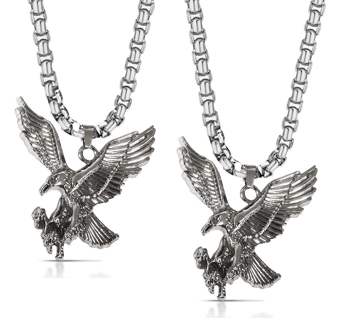 (Pack Of 2 Pcs Silver Color Unisex Trending Stainless Steel Wind Pirate Sea Robot 2.0 Movie Inspired Flying Bird Eagle Punk Rock Hip Hop Pendant Locket Necklace With Box Chain-image-15