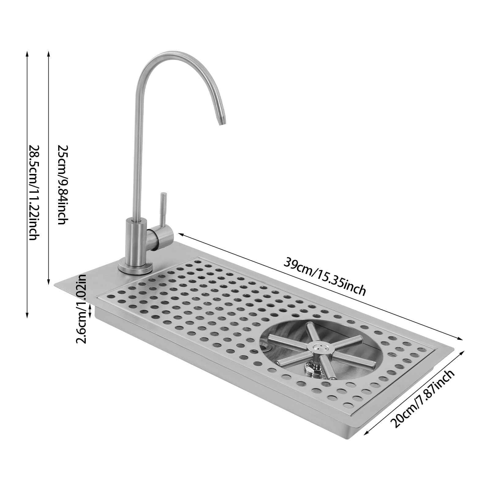 Lavabicchieri professionale, lavabicchieri in acciaio inox con tubo di scarico da 1,5 m, tubo di ingresso acqua da 80 cm, lavabicchieri multiangolare con rubinetto, per bar, caffetteria, hotel, casa