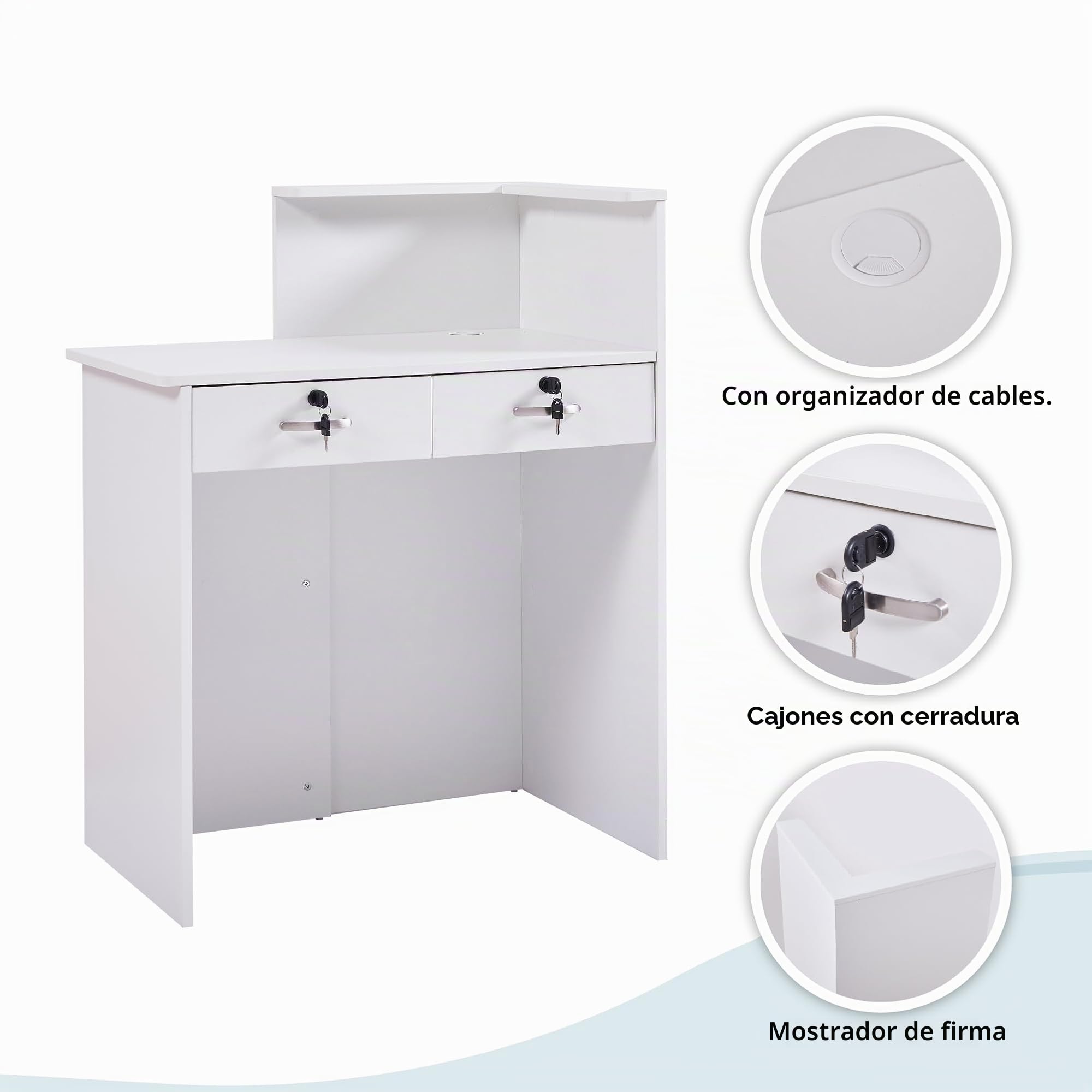 Mostrador de Recepción Moderno 80 cm, Mueble de Oficina de MDF con Cajón con Cerradura y Estantes Abiertos, Escritorio de Recepción para Peluquería, Centro de Belleza, Tienda, Hotel y Oficina