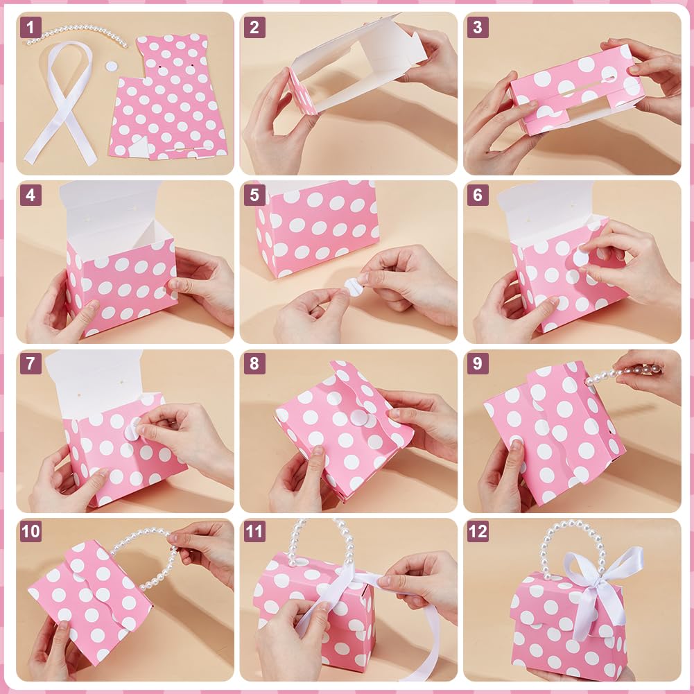 BENECREAT 16 set di Scatole di Bomboniere Rosa Fai Da Te, Scatola di Carta Kraft A Pois Bianchi Da 196x136x60mm con Manico In Madreperla, Confezioni Regalo per Compleanno, Favore Del Partito