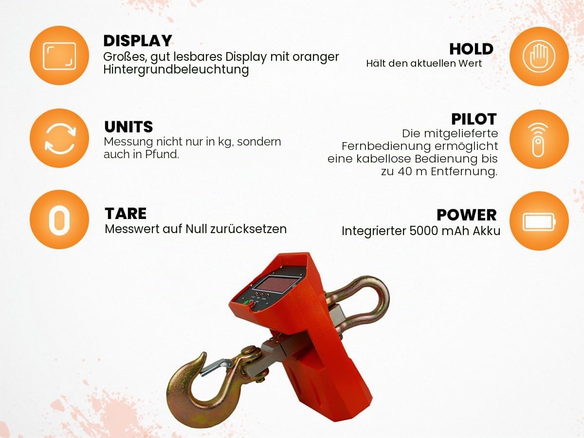 HDWR wagPRO-H5000 Kranwaage 5 t, industrielle Hakenwaage, Fernbedienung | Kapazität 5000 kg, Genauigkeit 2000 g, Tara, Digitalanzeige, kg und lb