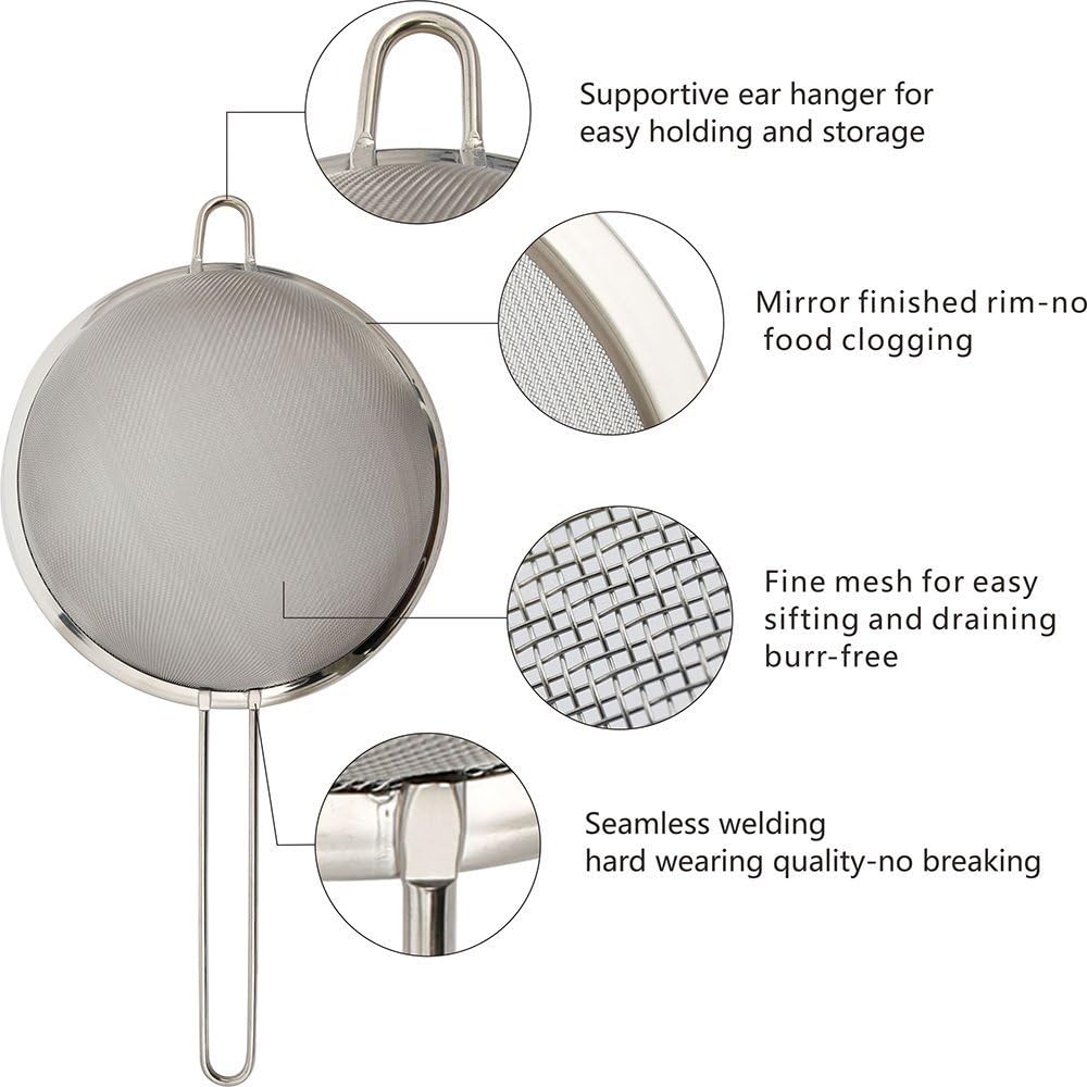Zesproka ZP129 Set of 3 Stainless Steel Fine Mesh Strainers for Kitchen, 3.26", 5.78", 7.75", Silver: Home & Kitchen