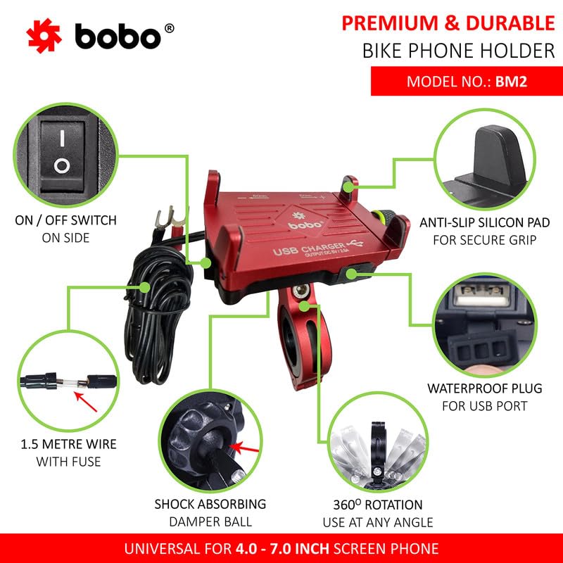 Image of BOBO BM2 Aluminium Waterproof Bike /Motorcycle /Scooter Mobile Phone Holder Mount with 2.5A USB Charger, Ideal for Maps and GPS Navigation (Red)