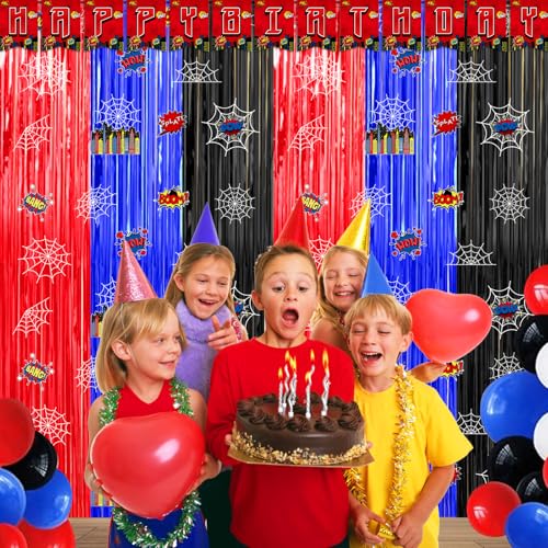 Image of Spider Web Birthday Decorations, 2 Pack Spider 3.3x6.6ft Tinsel Foil Fringe Curtains with Spider Happy Birthday Banner, Spider Photo Booth Prop Backdrop Streamer