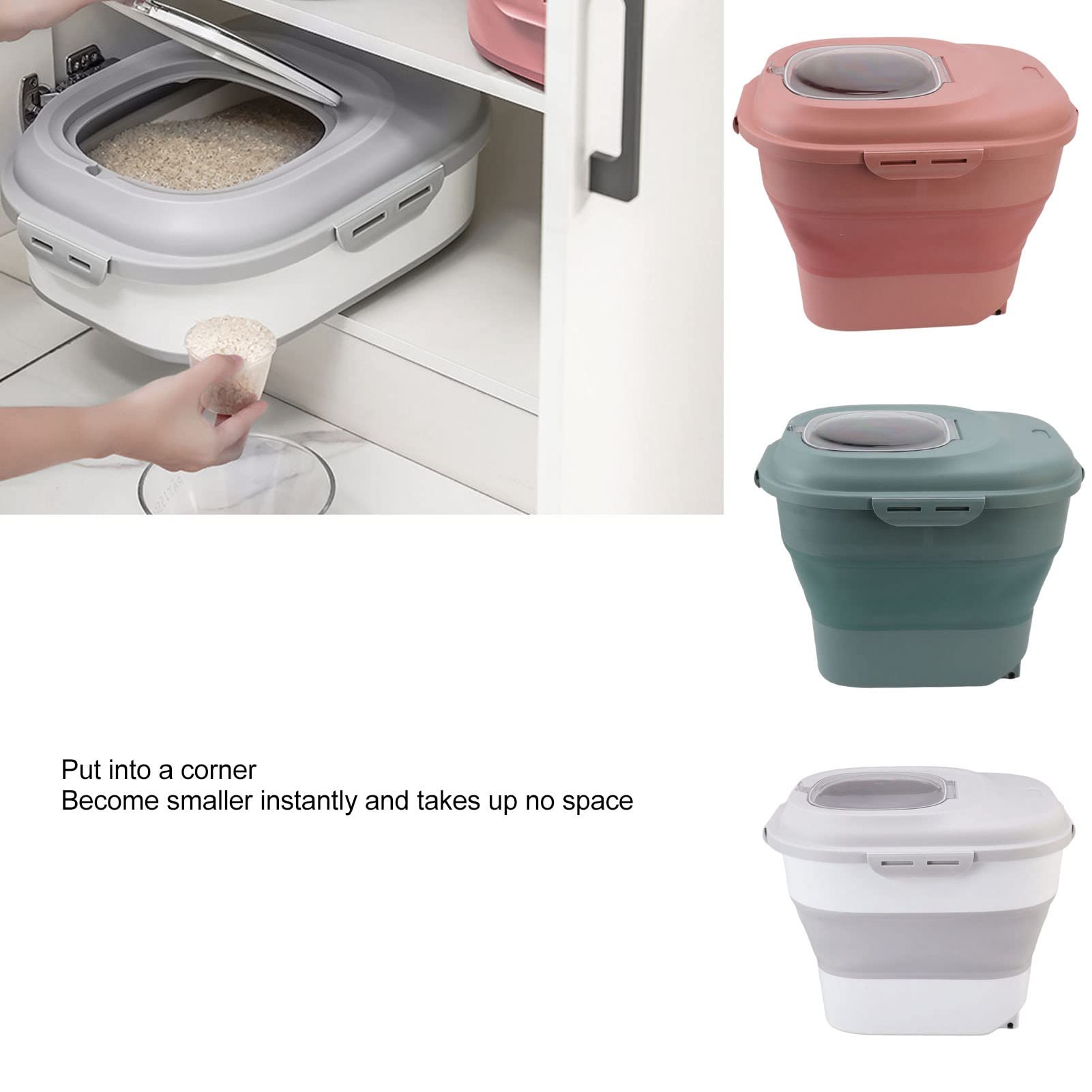 Fockety Contenedor de Almacenamiento de Alimentos, Contenedor de Alimentos Grande Plegable de 110.2 LB con Taza Medidora, Tapa de Bloqueo Hermético, Contenedor Dispensador para Arroz (Rosa)