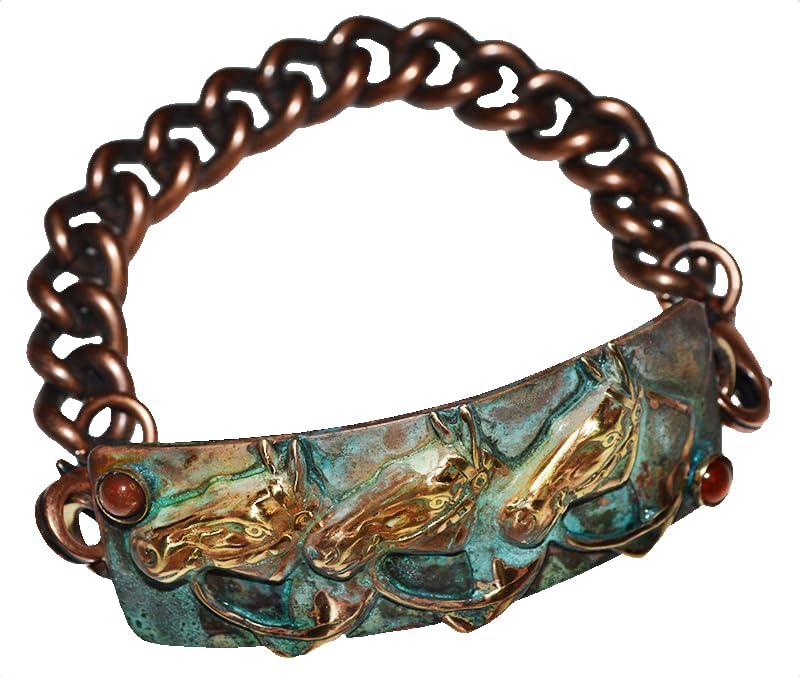 Equestrian Verdigris Patina Tri Horse Rockband - Carnelian and Jasper (7.5)