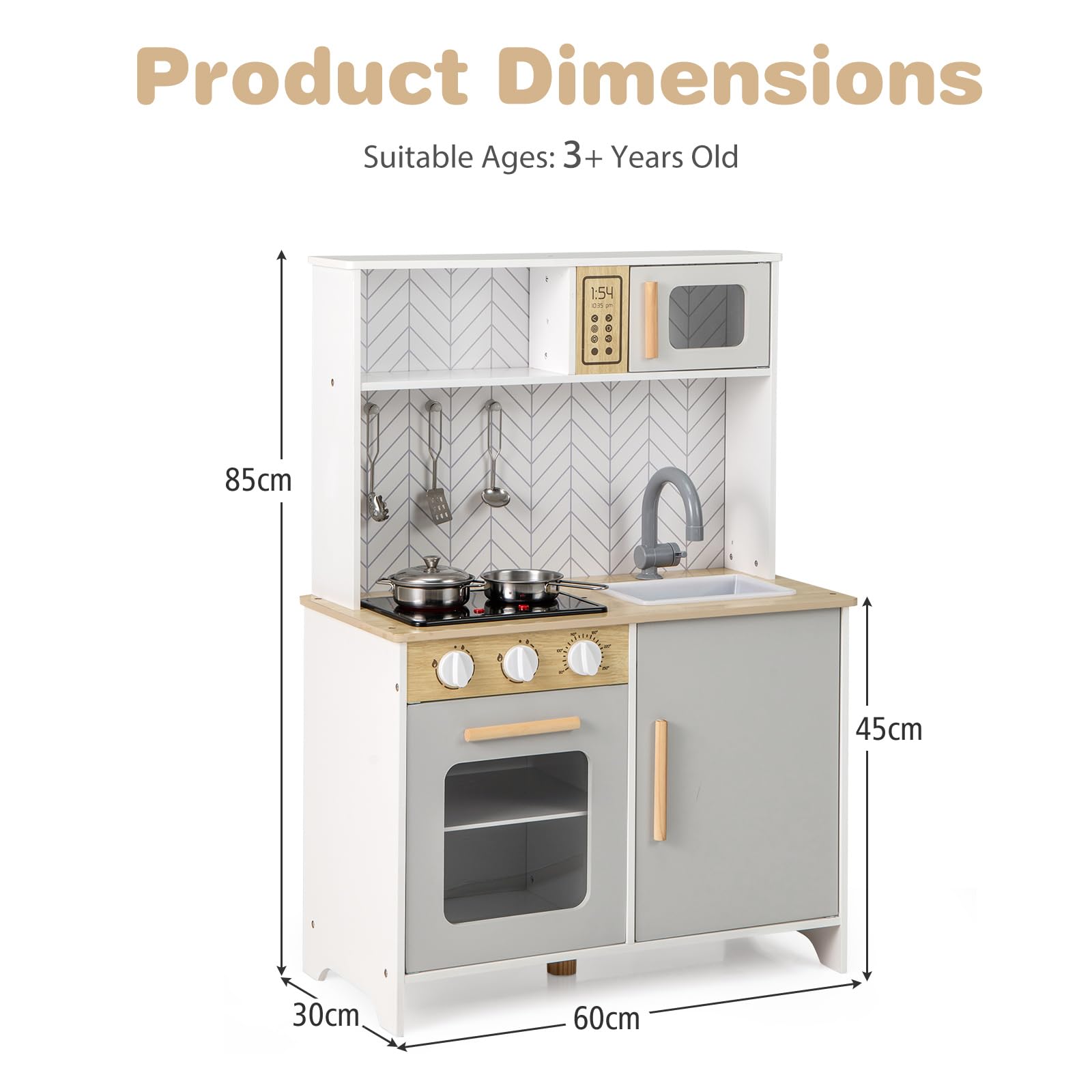 HOMASIS Cucina Giocattolo per Bambini con Luci e Suoni, Cucina Realistica in Legno con 3 Utensili, Rubinetto, Fornello, Microonde e Forno per Bambini da 3+ Anni (Bianco)