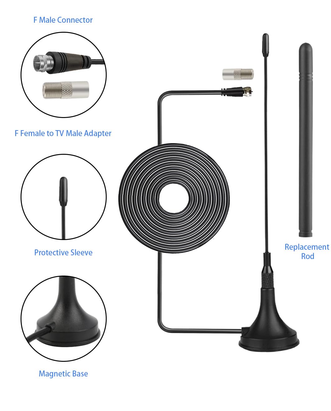 Vecys Mini DVB-T Antenne Intérieur 2 dBi avec Base Magnétique Antenne TV Intérieure Amplifiée 50 Miles RG174 Câble Coaxial de 3m/9.84ft pour Appareils DVD DVB-T