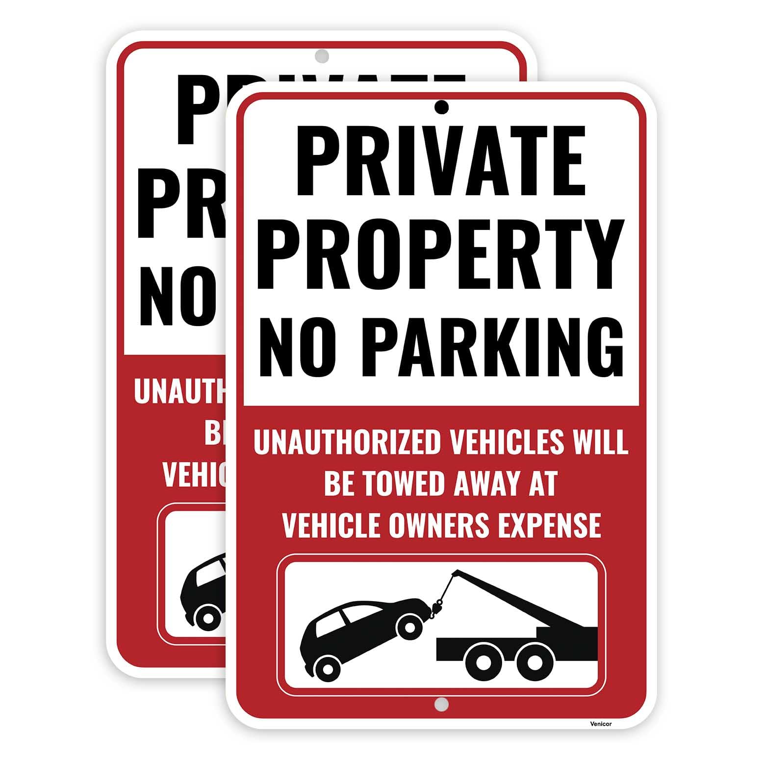 2 Pack Reflective Private Property No Parking Sign, 8 x 12 Inches - Aluminum - No Unauthorized Parking Violators Will Be Towed Tow Away Zone