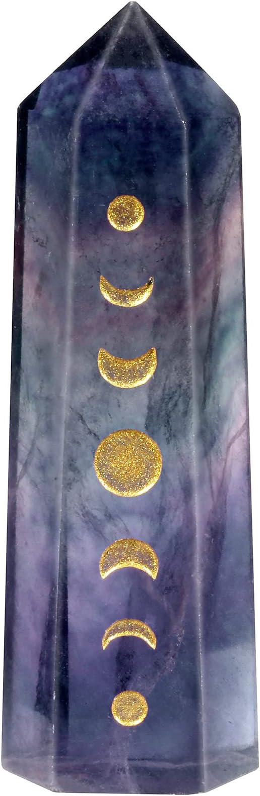 mookaitedecor Natural Rainbow Fluorite Moon Phase Symbol Engraved Single Point Crystal Wand Reiki Pocket Stone Decor, Healing Hexagonal 6 Faceted Prism for Chakra Meditation Wicca, 1.8-2.2" Height