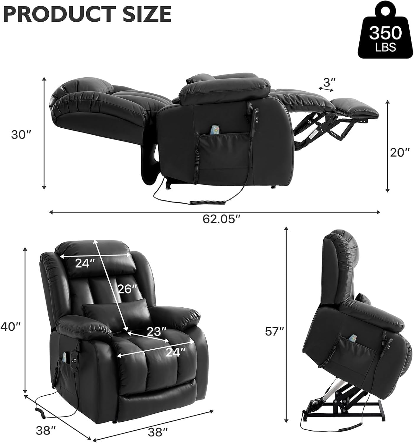 Extra Large Power Lift Recliner Chair Elderly Dual Motor Lay Flat Infinite Position Heated Massage Breathable Leather Reclining Sofa USB Port Remote Control Heavy Duty