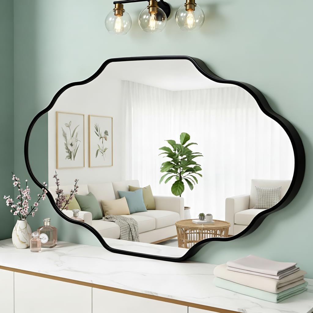 Black Scalloped Bathroom Mirror, Irregular Wall Mirror with Brushed Metal Frame, HD Glass Decorative Mirror for Wall Decor, Vanity Mirror for Bathroom, Bedroom & Entryway (20" x 36", 1 Pack)