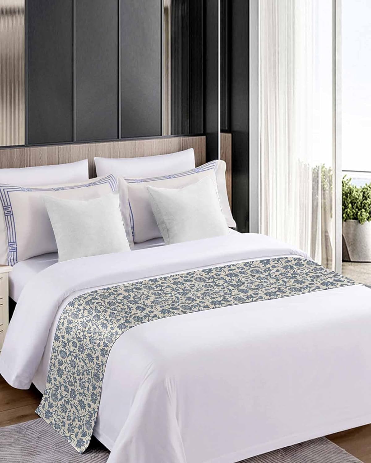 Blue Flower Leaf Bed Runner Scarf Bedding Accessory For Queen Size Bed,Soft Bed Scarves And Runners Stainproof Bedroom Decor For Hotel Wedding Room,Retro Traditional Boho Tribal Floral 94"x20"