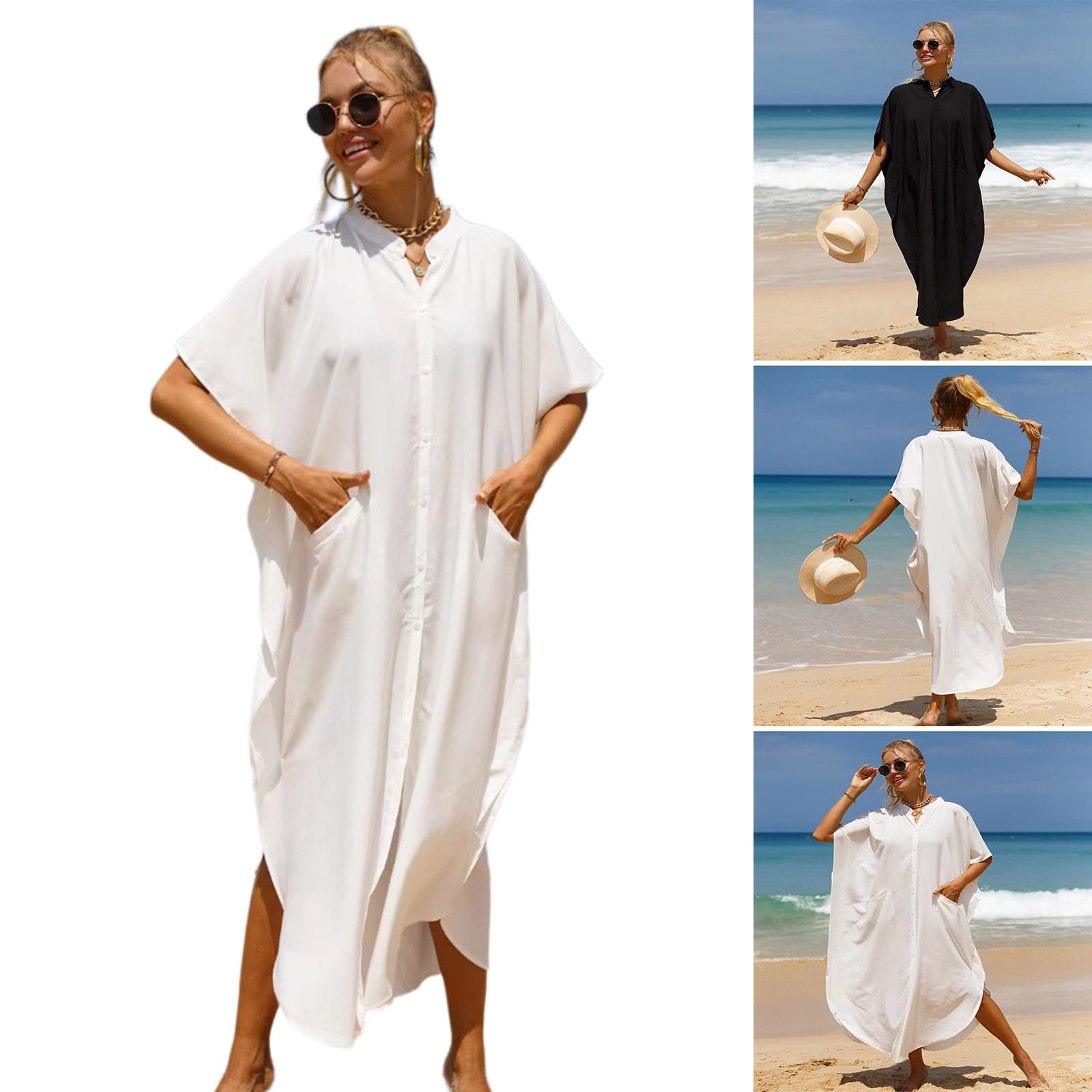 Vestido largo de traje de baño para mujer, con abertura lateral y botones hacia abajo, kimono, salida de baño para la playa