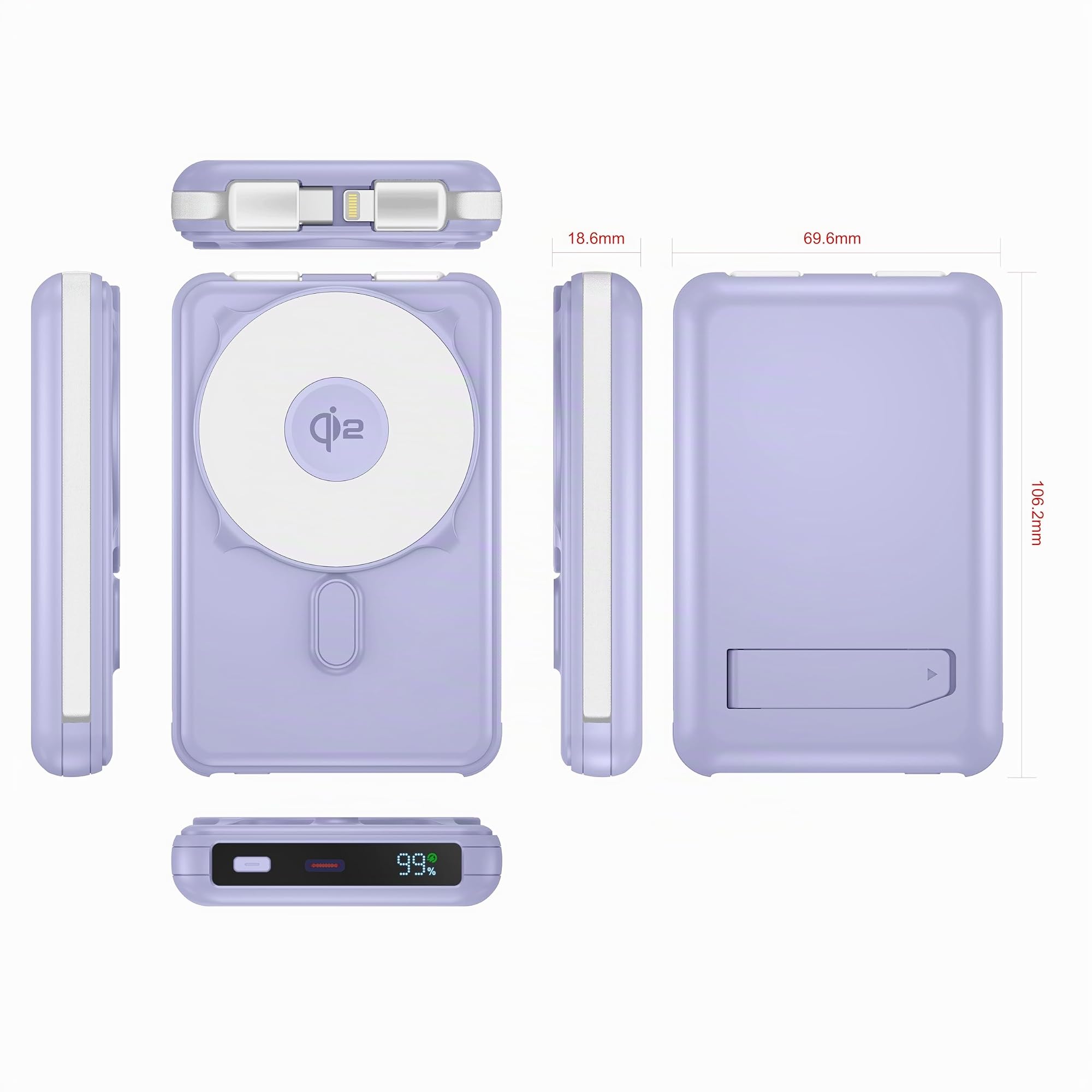 MOJOGEAR NovaMag All-in-1 Power Bank 10.000mAh - Wireless Qi2 Super Fast Charge - Cavo USB-C e Lightning integrato - Compatibile con iPhone e Samsung - Mag Safe Powerbank - Luce LED - Viola