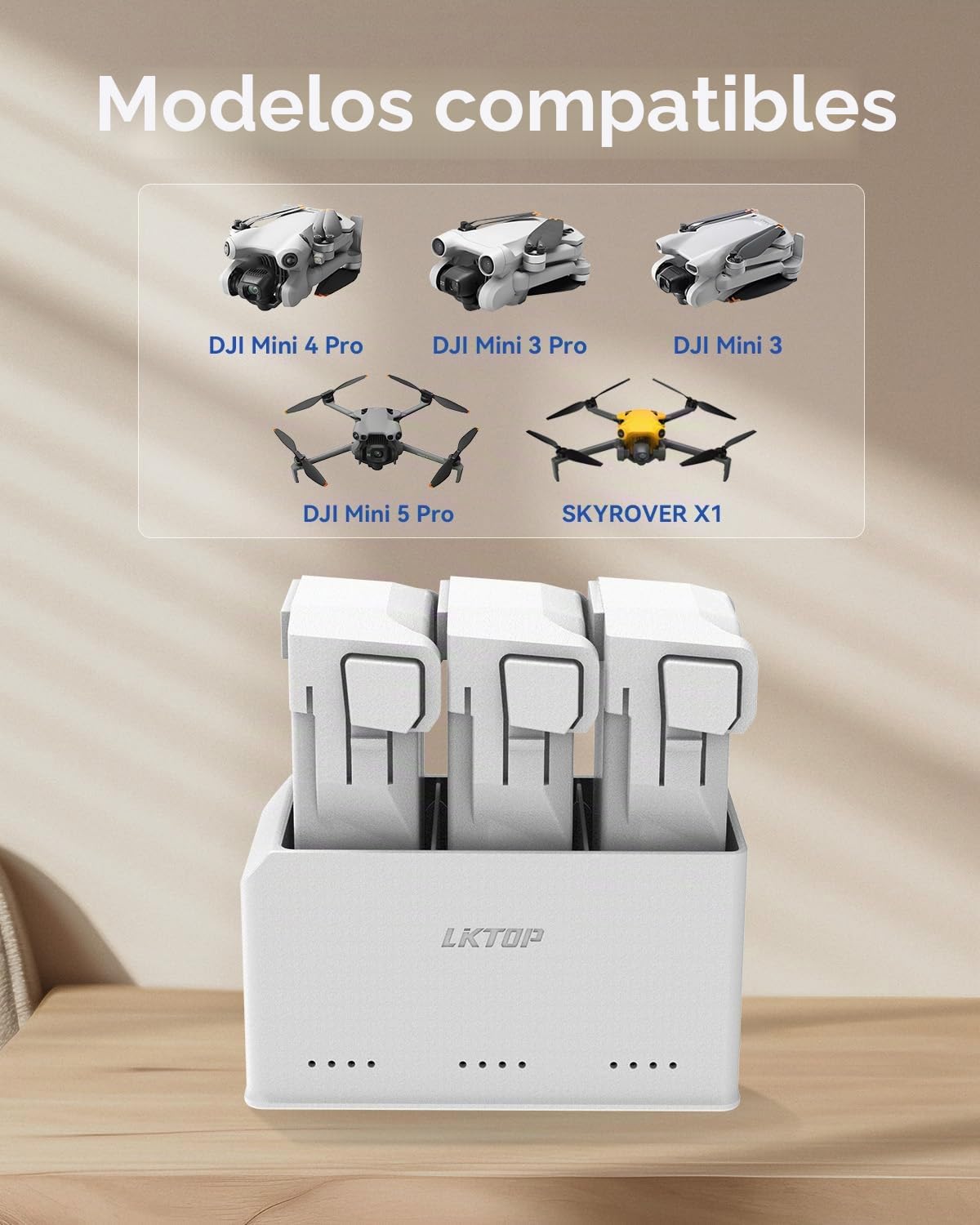 LKTOP - Hub de carga de batería Mini 5Pro/4 Pro/3 37W USB-C rápido para DJI Mini serie 5/4/3/Plus, accesorios para drones SKYROVER X1, luces LED de almacenamiento modo SOS