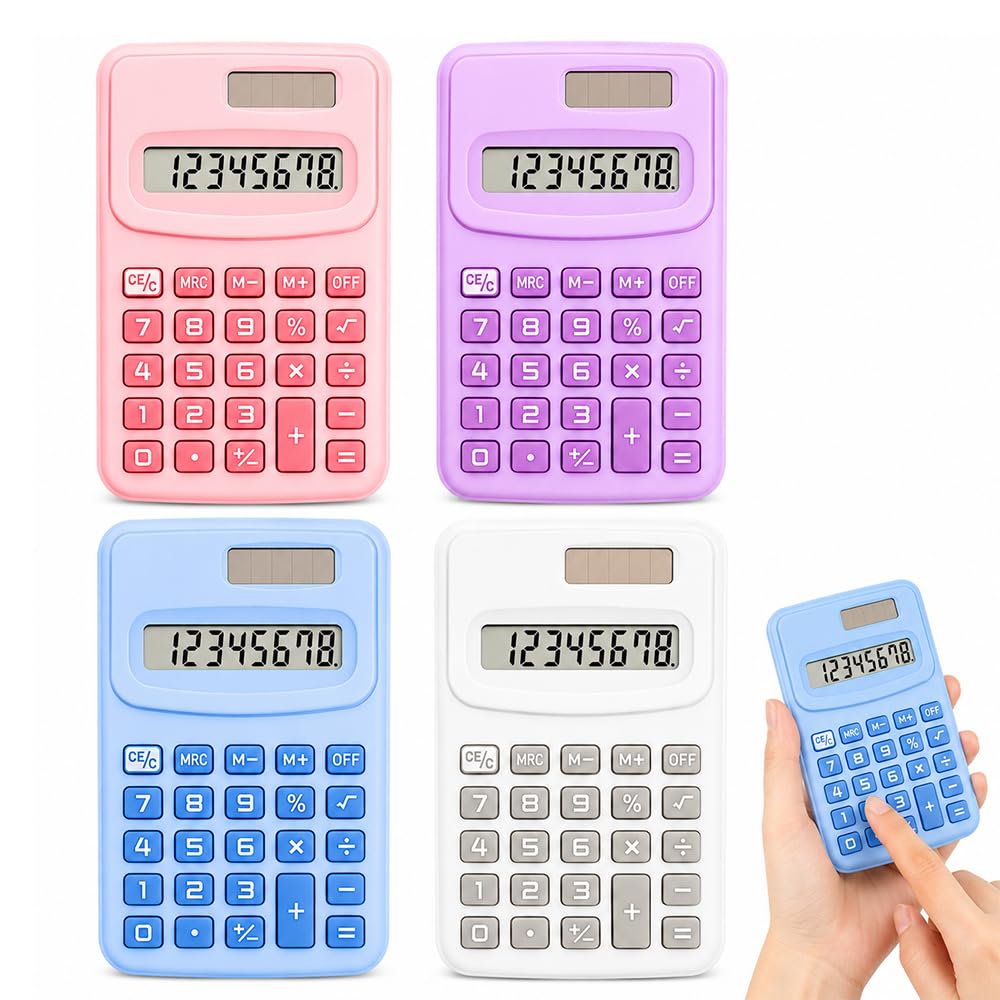 WDKXCN Calculator, 4PCS Scientific Calculater with 8 Digit Display and Square Root Function, Dual Solar and Battery Power, Mini Portable Calculator for Business, Office, Home, and School