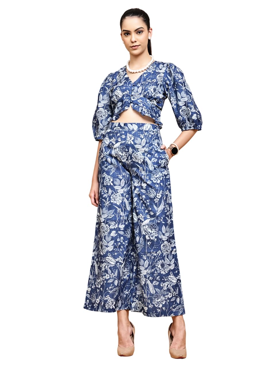 Stylish Womens Linen Blend Printed 3/4 Sleeve V-Neck A-Line Co-ord Set | Lightweight & Breathable Fabric | Top with trouser Set-image-42