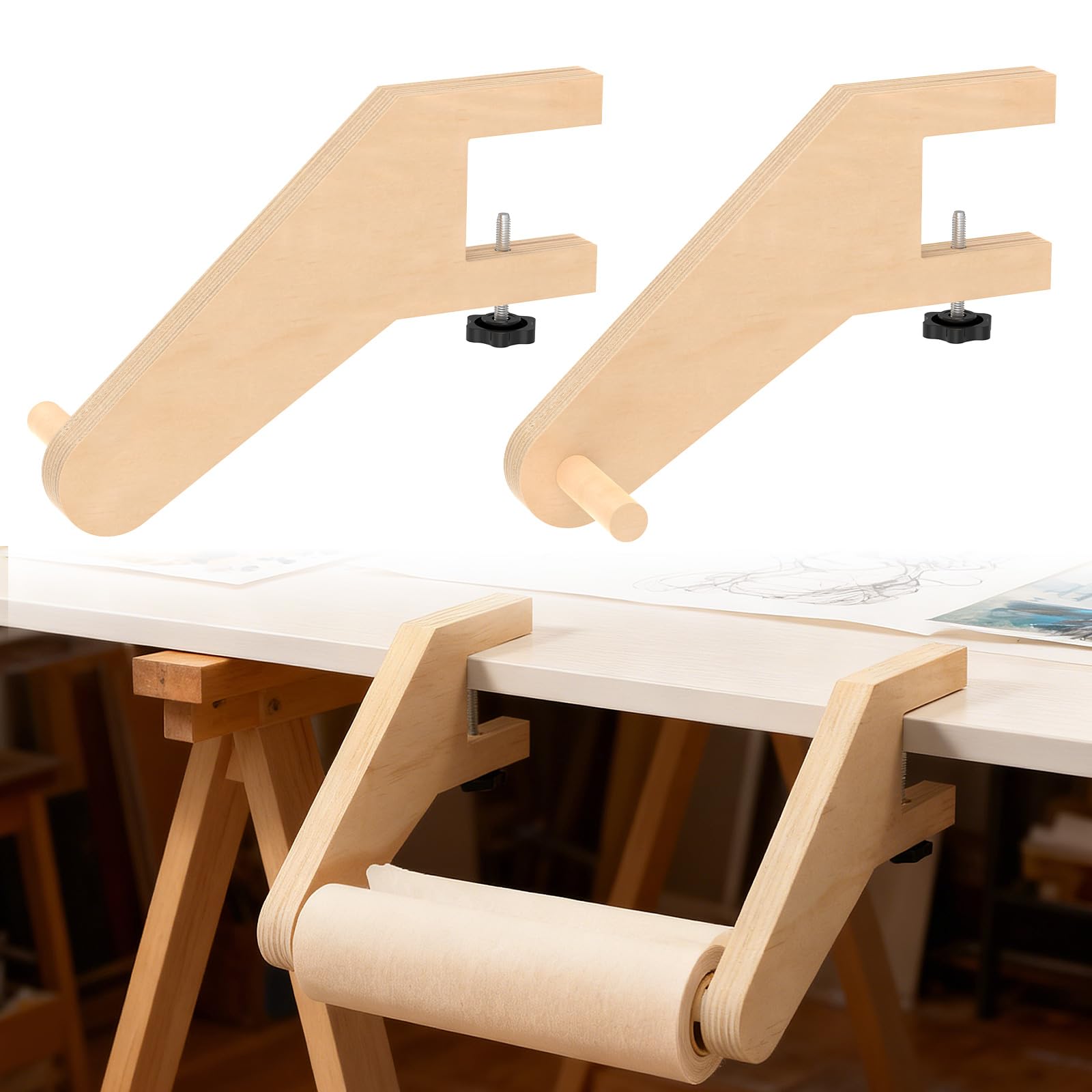 Ghshanog 1 Pair Wooden Craft Paper Roll Holder Dispenser,Multifunctional Round Paper Roll Dispenser, Fits D2–5Cm Thick Rolls,Tabletop Easel Wrapping Papers Dispensers For Drawing Writing Doodle Art(1 Pair)