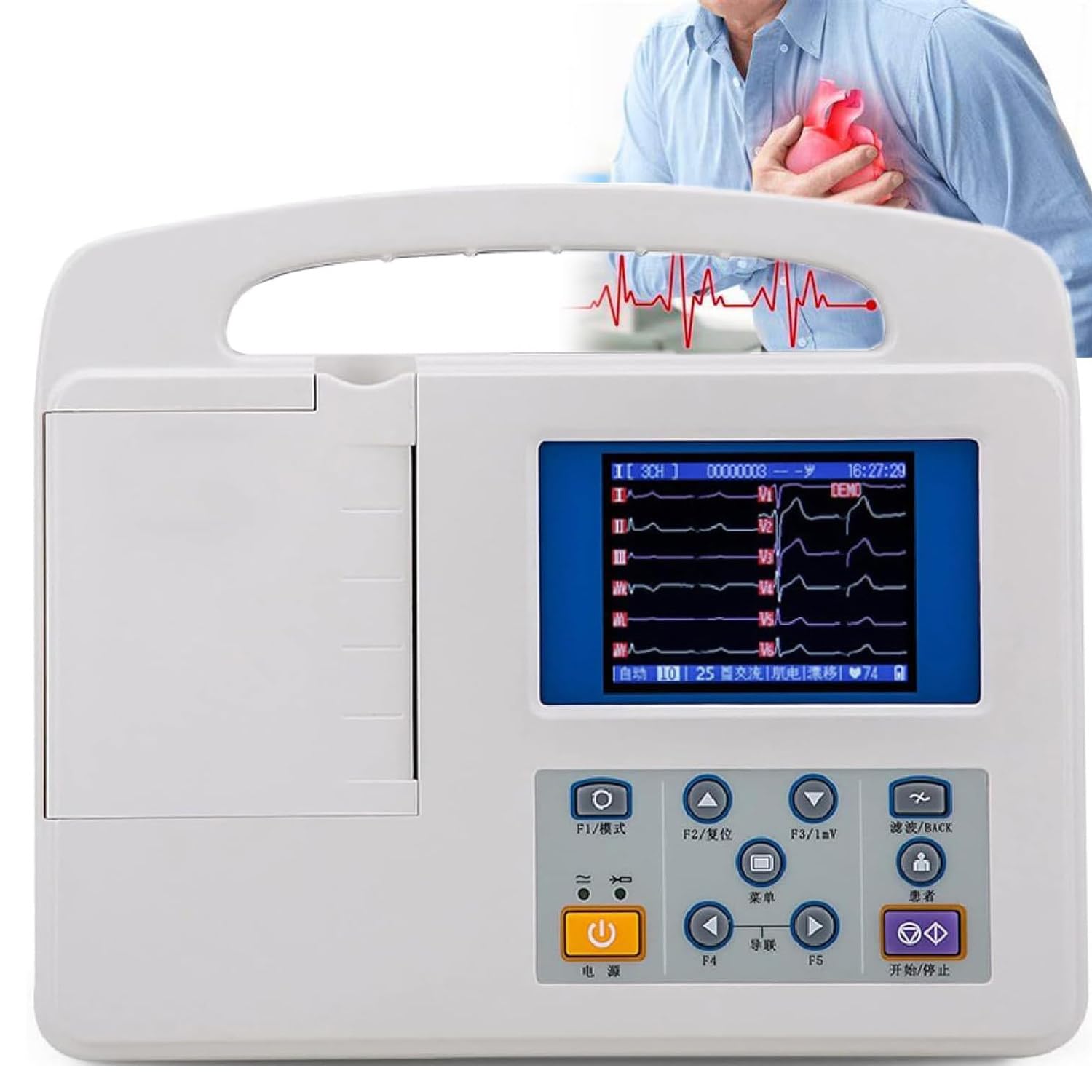 Électrocardiographe numérique Portable à 12 dérivations et 3 canaux, écran LCD Couleur, pour la santé Cardiaque, pour Les Soins intensifs et à Domicile, avec Papier d'impression.