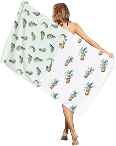 Summer Tropical Leaves and Pineapple Beach Towel-Sand Free Absorbent Blanket Oversized Large Pool Towels White,Quick Dry Super Soft Bath Towel for