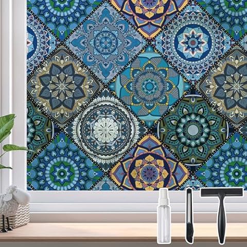 DKTIE Window Privacy Film with Installation Tools Frosted Glass Static Clings Non Adhesive, Stained Glass Window Film Art Deco, Window Decals, Window Sticker, 110B, 17.7" x 78.7" Cover