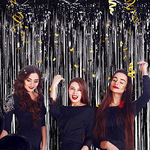Image of TONIFUL 3Pcs Black Door Streamers,Black Photo Booth Backdrop Metallic Streamers Foil Fringe Curtains for Halloween,Birthday,Christmas,New Year,Bachelorette,Graduation Party Decor(9.9ft x 8.2ft)