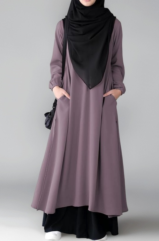 Two Pieces Abaya Dress with Elasticated Sleeves made with Nida Matte Fabric - Knee length Burqa for Women and Girls
