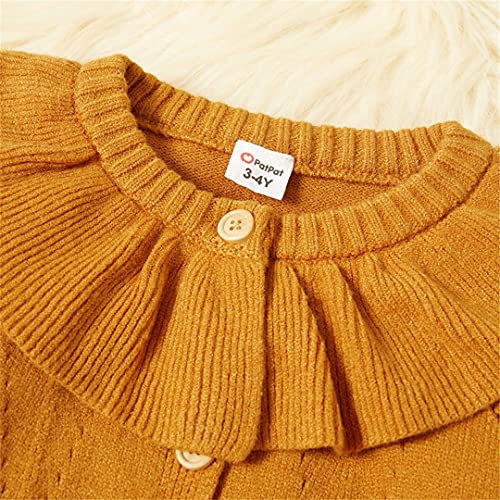 Toddler Girl Flounce Collar Button Design Yellow Knit Sweater4