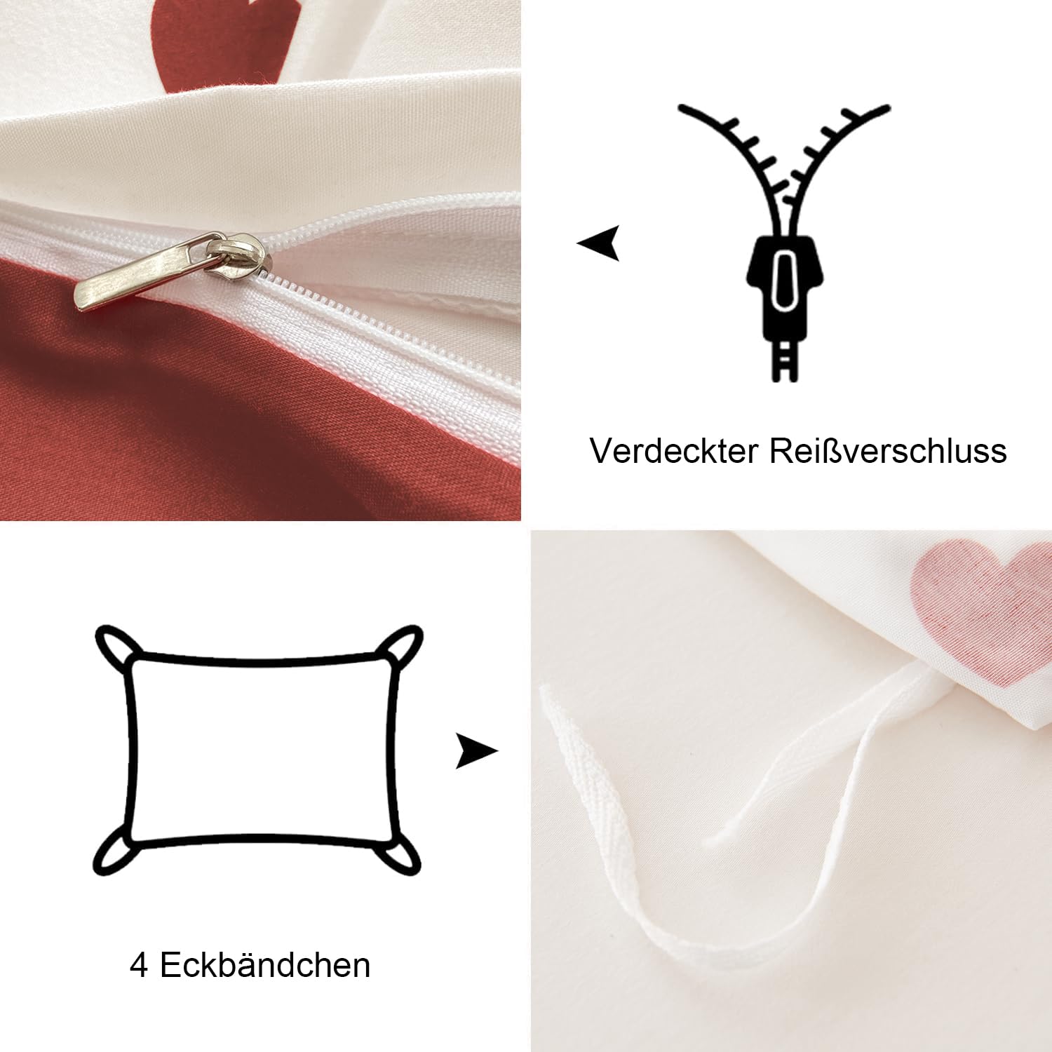 Freyamy Herz Bettwäsche 135x200 4teilig Weiß Rot Herzen Bettwäsche Set | Aesthetic Bettwäsche Mädchen, Microfaser ÖKO-TEX Bettwäsche-Sets, 2 Bettbezug mit Reißverschluss und 2 Kissenbezug 80x80cm