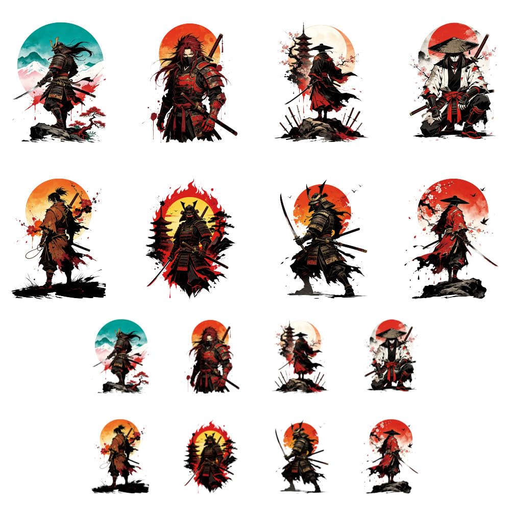 ANATTASOUL 16 Sheets Iron on Transfers for T-Shirts Japanese Samurai DTF Transfers Ready to Press, Washable Vinyl Heat Press Iron on Patches for Women Clothing Hat Bag Pillow DIY Crafts Gifts