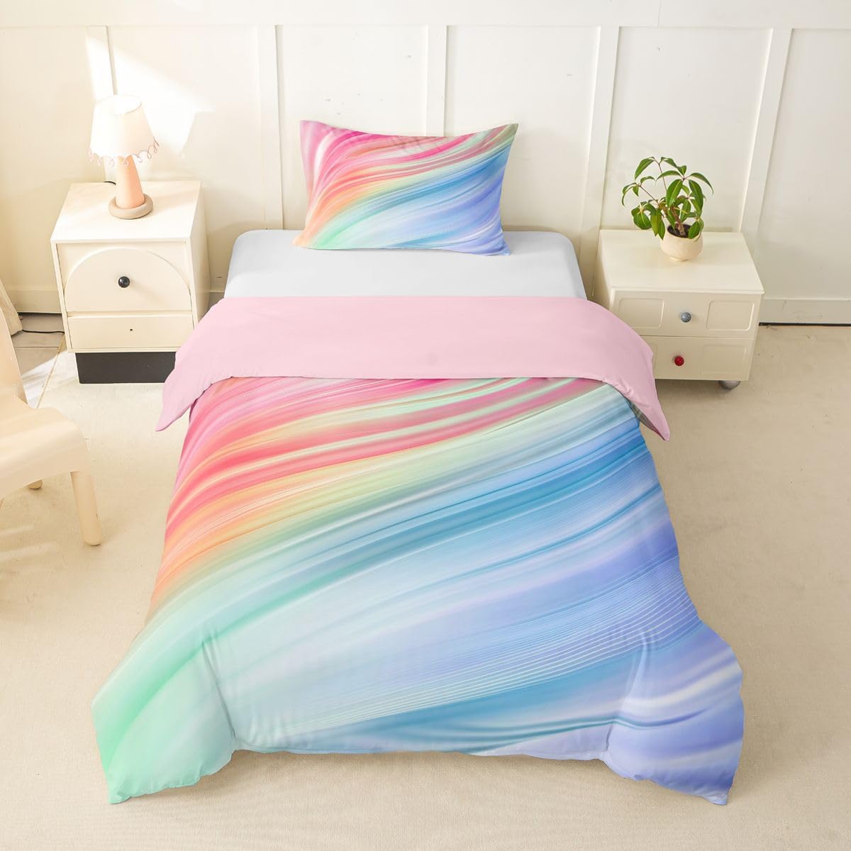 Erosebridal Girls Pink Rainbow Toddler Duvet Cover Pink Blue Stripe Bedding Set Tie Dye Gradient Comforter Cover for Kids Boys Girls,Ombre Geometric Bed Set